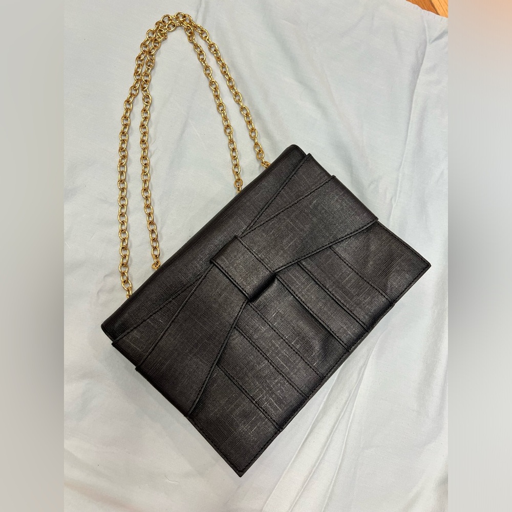 Zac Posen black bow going out evening bag gold chain used
